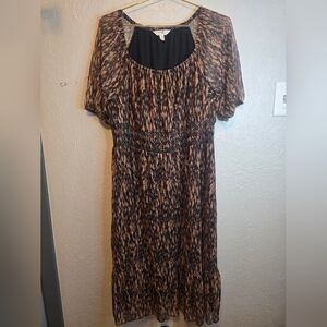 Terra & Sky 0X 14W Black Brown Animal Print Smocked Waist Dress Short Sleeve